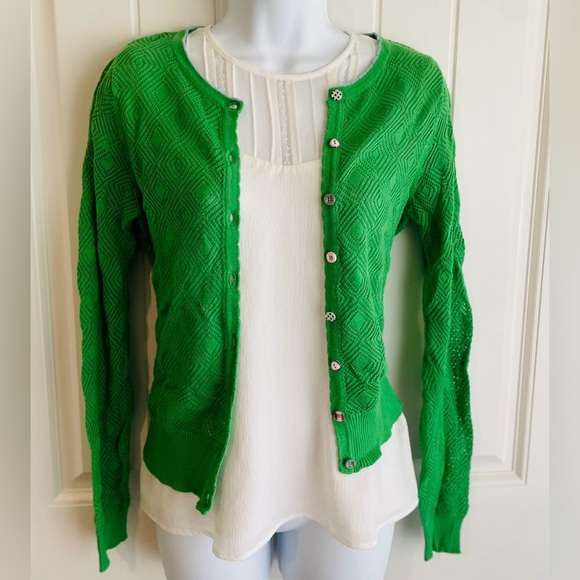 Matilda Jane Whimsy Green Crochet Striped Button Cardigan Sweater in EUC Sz S - Picture 3 of 7